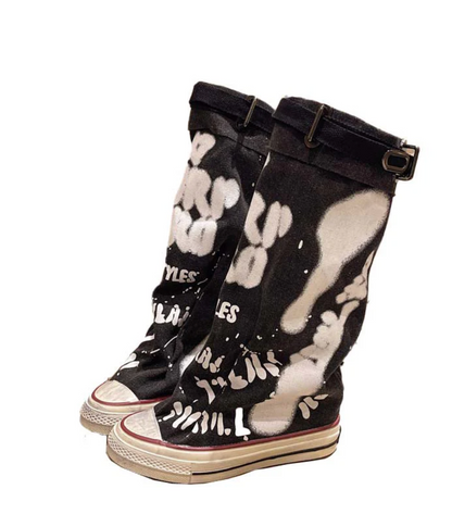 Botas planas de lona retro de media pantorrilla para mujer